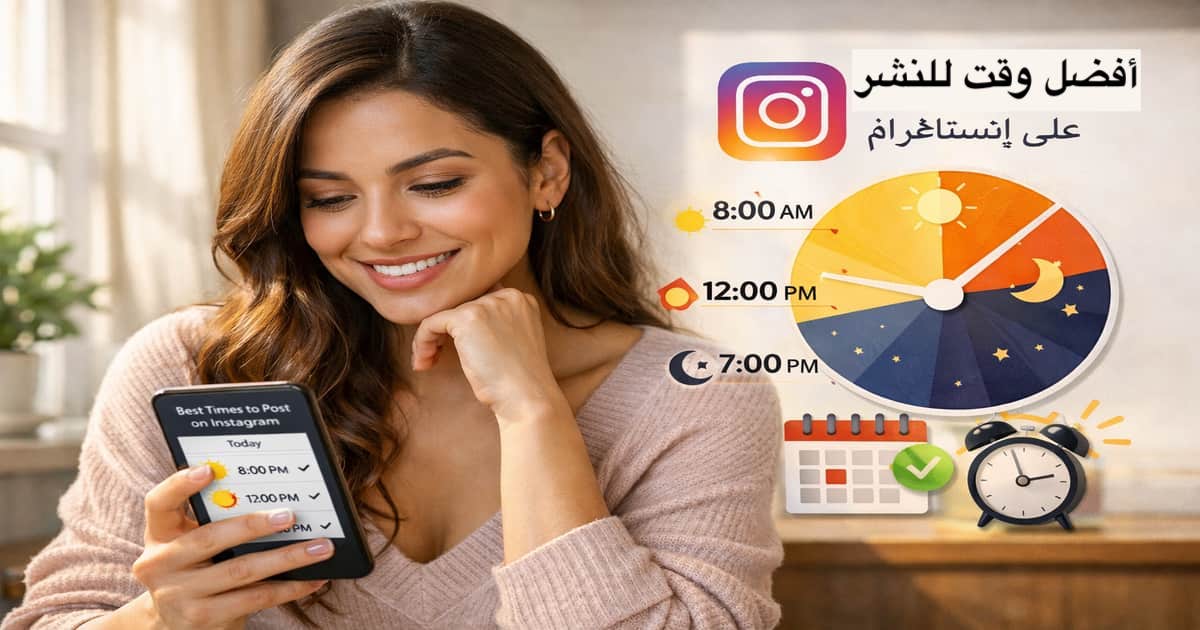 امرأة تستخدم هاتفها لتحليل أفضل وقت للنشر على إنستغرام باستخدام تطبيق تحليلات يوضح ساعات الذروة والتفاعل