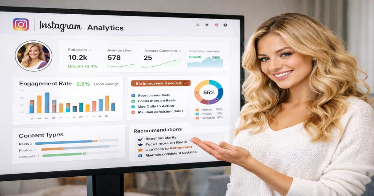 شخص يعمل على خطة تسويق عبر إنستغرام مع شاشة تعرض نمو الحساب حتى أول 10 آلاف متابع